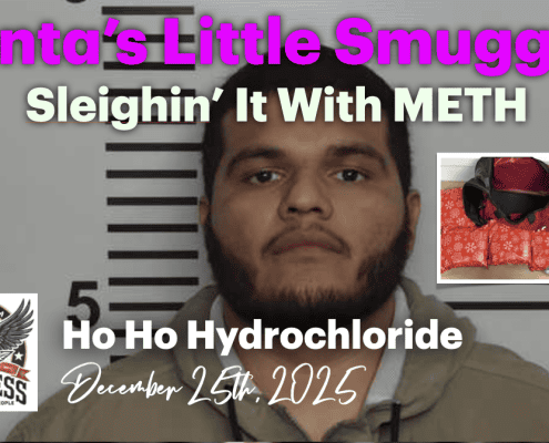 Mugshot of suspect Ho Ho Hydrochloride with confiscated backpack, related to meth smuggling.