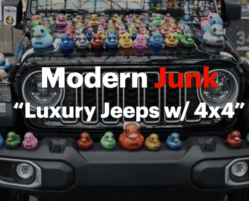Modern Junk Jeep decorated with colorful rubber ducks in an indoor shopping mall parking lot.