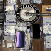 Seized drugs and paraphernalia from Findlay drug bust, seized in police raid by enforcement unit.