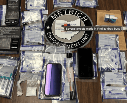 Seized drugs and paraphernalia from Findlay drug bust, seized in police raid by enforcement unit.