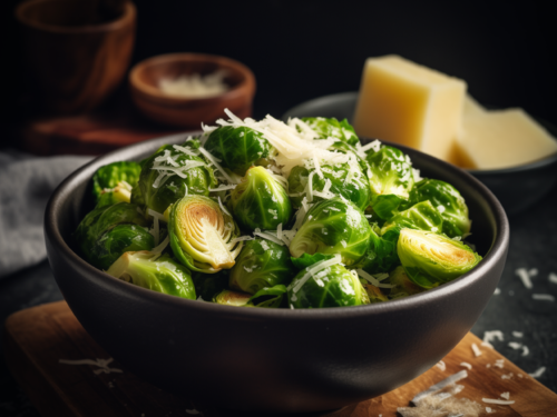 Close-up shot of vibrant green Brussels sprouts with garlic and vegan parmesan in a black bowl.
