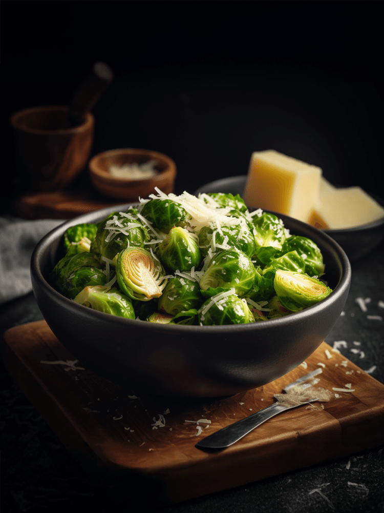 Close-up shot of vibrant green Brussels sprouts with garlic and vegan parmesan in a black bowl.