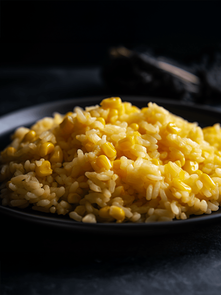 Close-up photo of fluffy, light golden-brown rice on a rustic black plate. Vibrant yellow corn kernels are mixed throughout the rice. A small pat of butter melts on top. Natural, warm lighting, emphasizing the texture and colors.