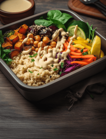 Close-up shot of a single meal prep container filled with a vibrant gluten-free vegan meal