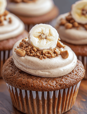 A mouthwatering photo of two perfectly baked Gluten-Free Vegan Peanut Butter Banana Cupcakes topped with swirls of fluffy Peanut Butter Cocowhip Frosting. The cupcakes are golden brown and slightly glistening, sitting on a rustic wooden board with scattered banana slices and chopped peanuts. Natural light illuminates the scene, highlighting the texture and color of the cupcakes.