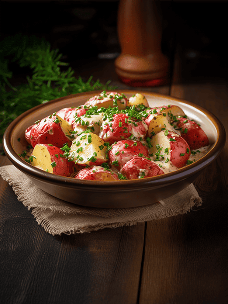 Rustic bowl filled with bright red potatoes cooked in a creamy vegan garlic butter sauce