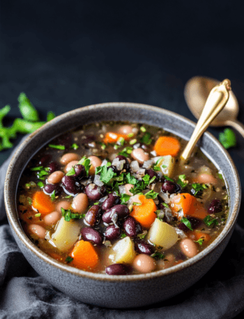 A bowl of Gluten-Free & Vegan Japanese-Inspired Bean Soup garnished with green onions.
