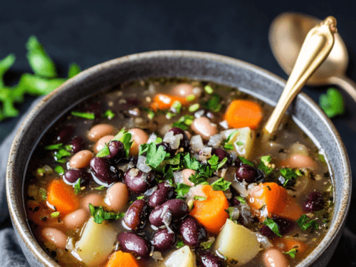 A bowl of Gluten-Free & Vegan Japanese-Inspired Bean Soup garnished with green onions.