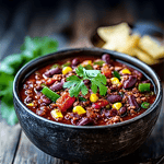 Close-up of Mild Vegan & Gluten-Free Instant Pot Chili showing the texture and variety of beans and vegetables