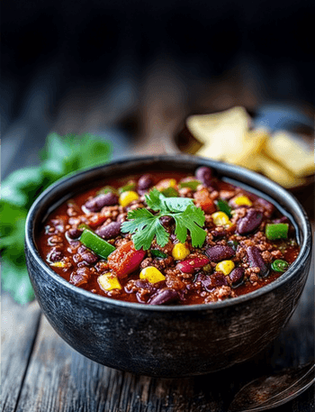 Close-up of Mild Vegan & Gluten-Free Instant Pot Chili showing the texture and variety of beans and vegetables
