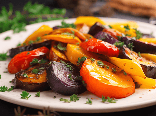 A single serving of roasted rainbow vegetables on a white plate, garnished with fresh herbs.