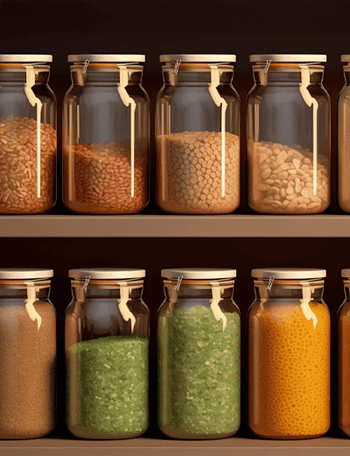 A well-organized pantry shelf, filled with colorful jars and containers of gluten-free and vegan staples (flours, grains, nuts, seeds, spices).
