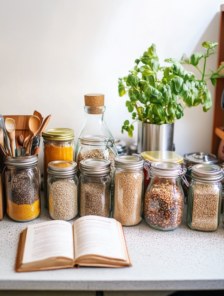 Vibrant and colorful image of gluten-free vegan pantry staples: various jars and containers filled with grains, nuts, seeds, and spices, arranged on a kitchen counter with a cookbook.