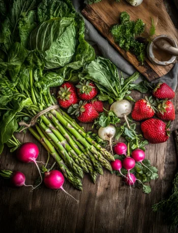 A vibrant collage of fresh spring produce: asparagus, radishes, leafy greens, strawberries, and other seasonal fruits and vegetables.
