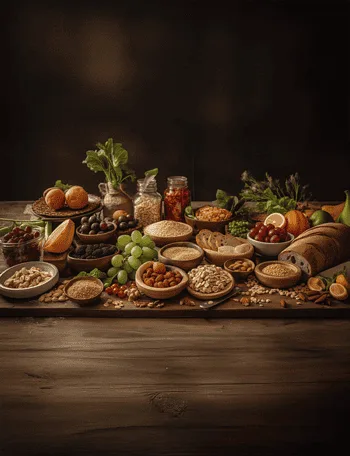 A rustic wooden table laden with a colorful assortment of naturally gluten-free foods: fresh fruits and vegetables, nuts and seeds, grains like quinoa and rice, legumes, and gluten-free products like bread and pasta.