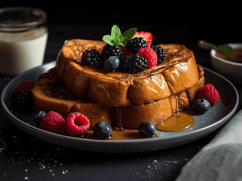 Crispy Gluten-Free Vegan French Toast on a plate with fruit on top