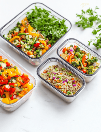 A bright and vibrant flat lay of gluten-free vegan meal prep containers filled with colorful spring ingredients