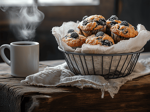 vegan gluten-free berry muffins piled casually in a vintage wire basket lined with a simple linen cloth, set on a rustic farmhouse table, a steaming mug of coffee nearby