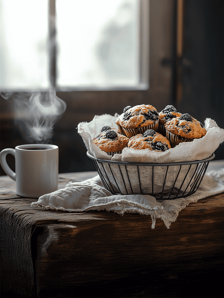 vegan gluten-free berry muffins piled casually in a vintage wire basket lined with a simple linen cloth, set on a rustic farmhouse table, a steaming mug of coffee nearby