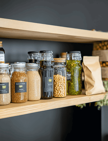 Clean, organized shot inside a well-lit pantry or on shelves, showcasing vegan & gluten-free staples
