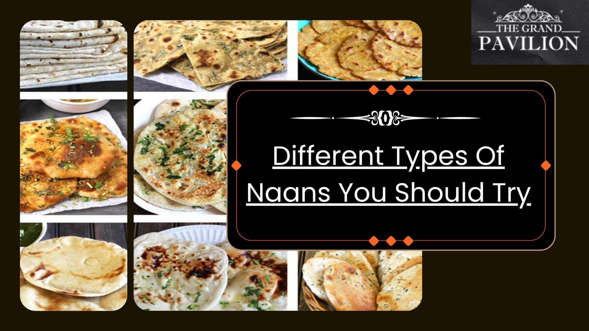 Assorted Indian naan varieties with herbs, garlic, and cheese on a restaurant table.