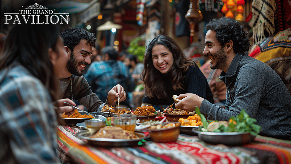 Delicious Indian food feast at The Grand Pavilion, vibrant marketplace, happy friends, diverse cuisine, cultural dining experience, Melbourne.
