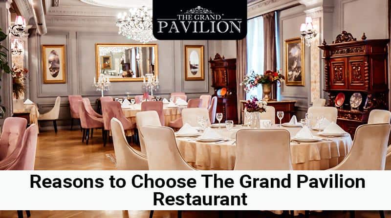 Elegant banquet hall interior with luxurious decor at The Grand Pavilion restaurant.