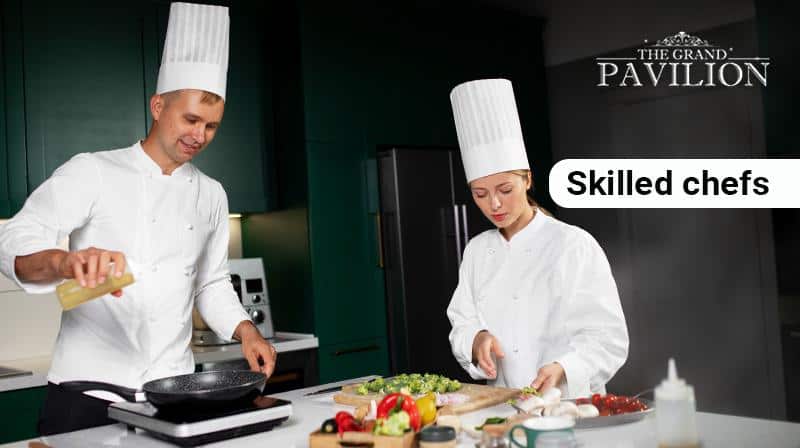 Freshly prepared dishes by skilled chefs at The Grand Pavilion event venue.