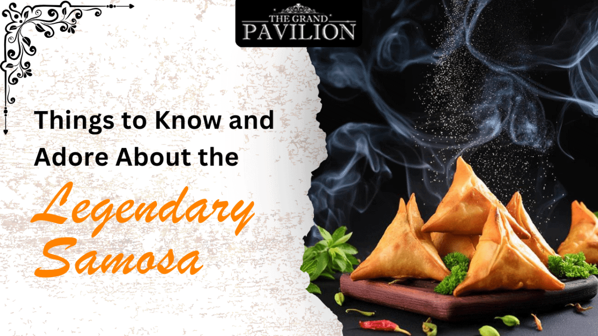 Samosa platter with crispy, golden Indian snacks and fresh herbs at The Grand Pavilion.