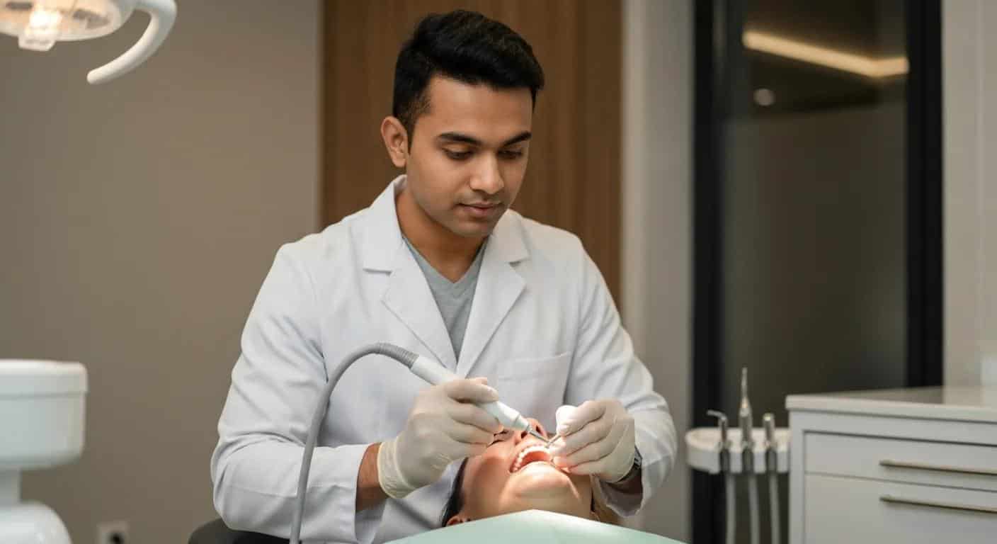 Dental professional performing a deep cleaning procedure using an ultrasonic scaler