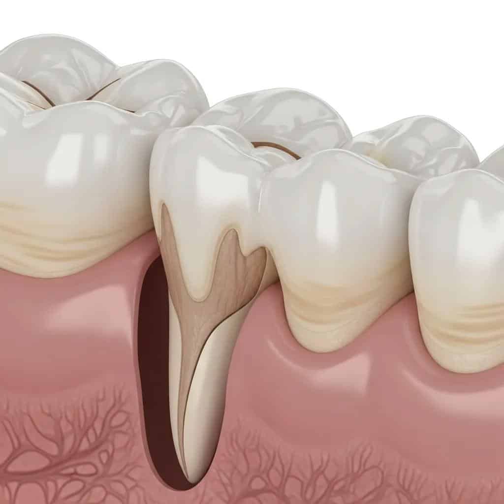 Tooth showing gum recession, emphasizing the connection between gum health and tooth sensitivity