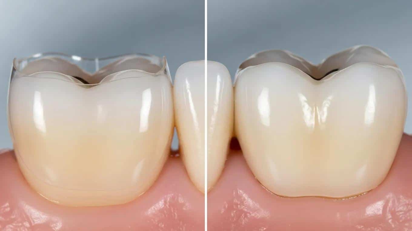 Comparison of a tooth with a porcelain veneer and a dental crown, highlighting key differences