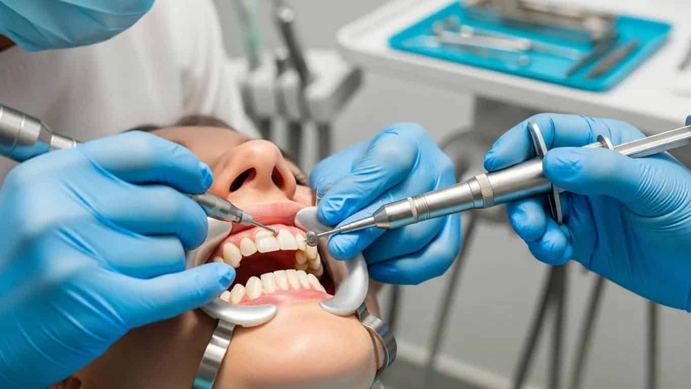 Dentist preparing teeth for porcelain veneers with precision tools