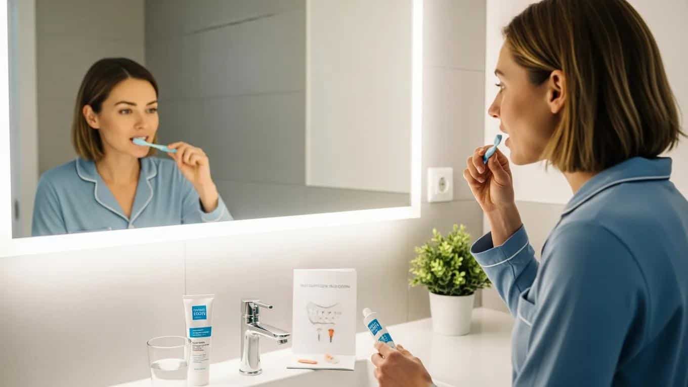 Patient caring for dental implants at home, highlighting the importance of post-operative hygiene and recovery