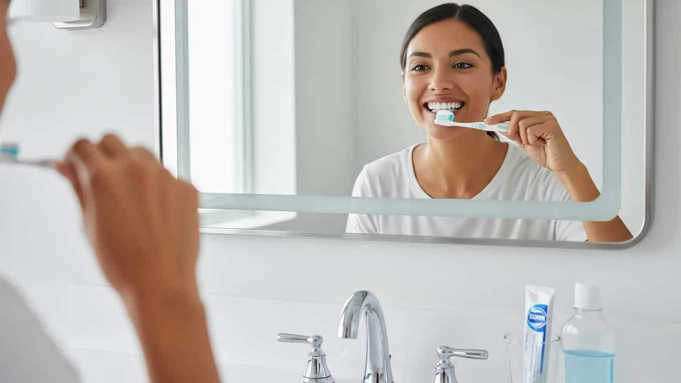 Patient practicing aftercare for porcelain veneers in a bathroom