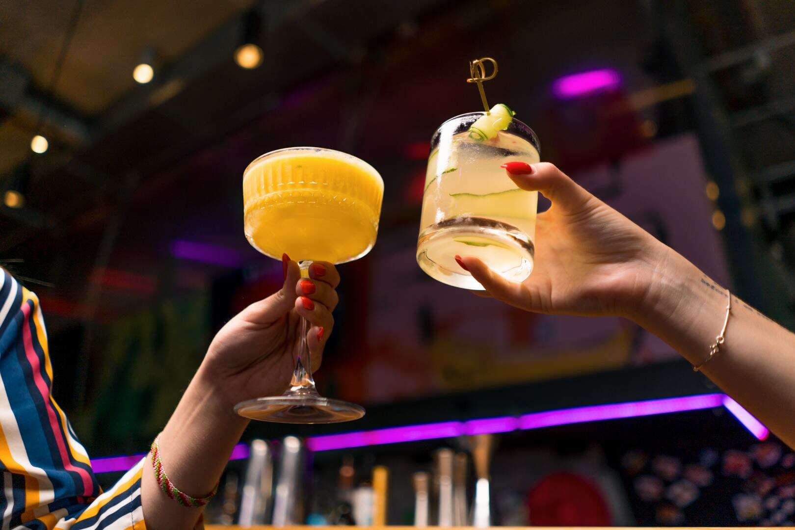 Stylish cocktails in cocktails glasses at The Live Lounge, a top UK live music venue offering great drinks and vibrant nightlife. Ideal for socialising and enjoying live performances with friends.