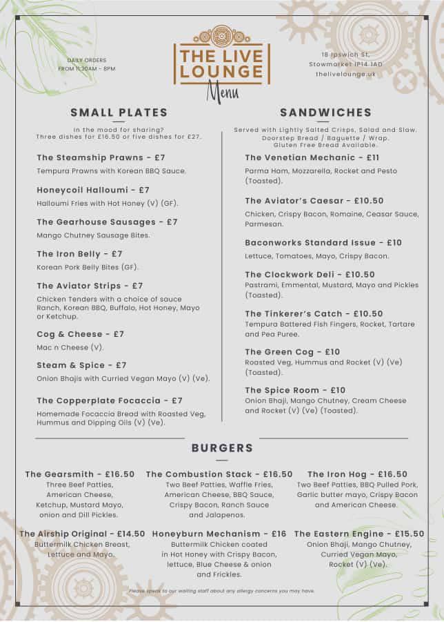Sustainable pub food menu with small plates, sandwiches, and gourmet burgers from The Live Lounge UK stylish pub; high-quality ingredients, vegan options, and hearty pub classics.