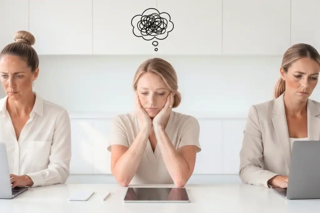 Women feeling overwhelmed and stressed at work, wi.