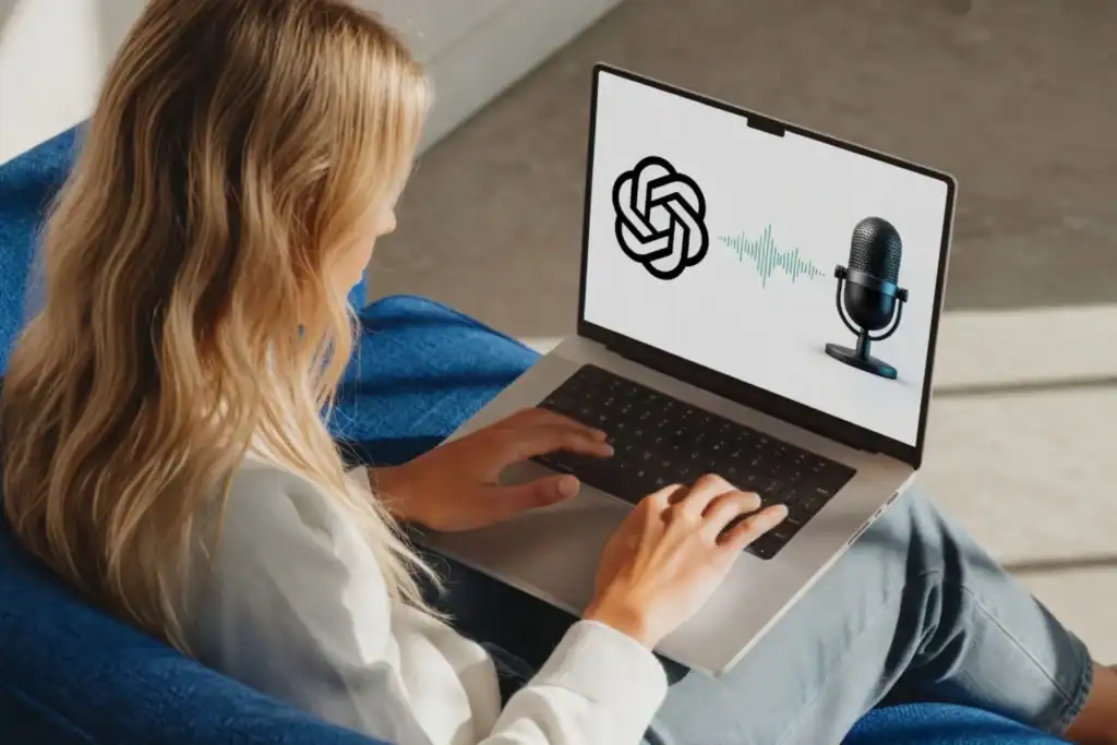 AI and microphone icon on laptop screen.