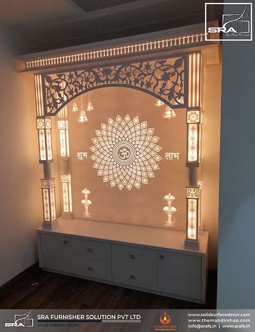 Aesthetic Four Pillar Corian Mandir Design