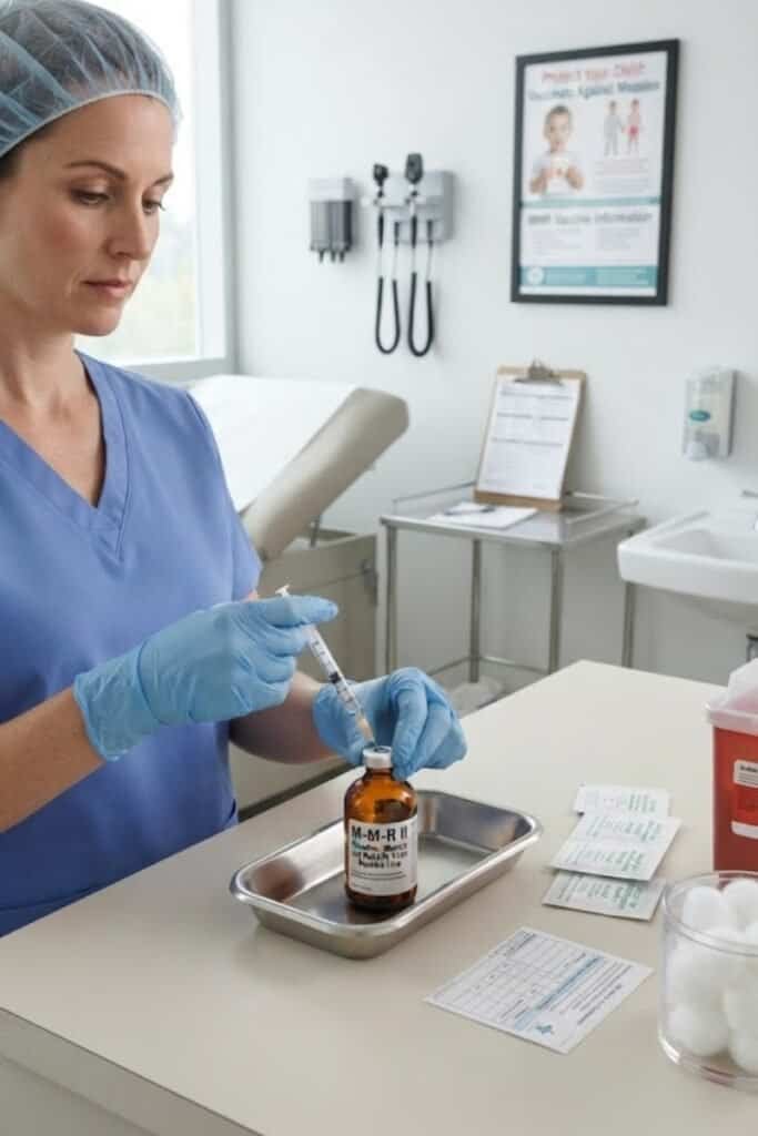 Nurse preparing vaccine in a medical clinic setting.