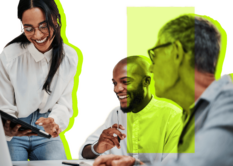 Homepage image 2 The Nova Collective The image shows three people engaged in a discussion, with a color-overlay effect. On the left, a woman with long dark hair and glasses is smiling while showing a tablet to her colleagues. She is wearing a white blouse and jeans. In the center, a man is smiling broadly, holding a pen, wearing a white shirt. On the right, another person with short hair and glasses is looking towards the center, wearing a grey shirt. The background is plain, and the image has a yellow-green overlay on parts of the photo, highlighting the people.