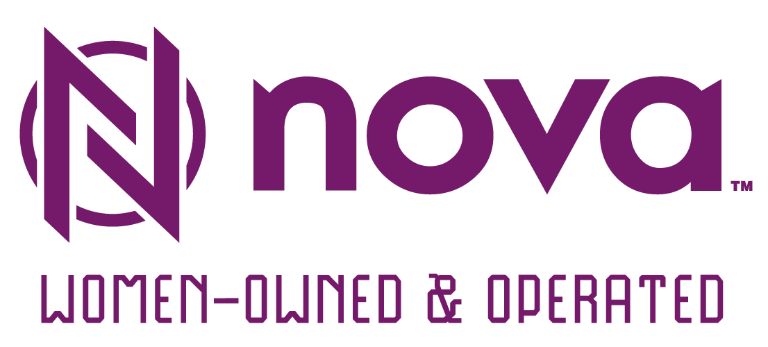 The image shows a logo with the text &#039;nova&#039; in large, bold, purple letters. To the left of &#039;nova,&#039; there is a stylized purple &#039;N&#039; within a circular shape. Below the main logo, the words &#039;WOMEN-OWNED & OPERATED&#039; are displayed in all capital, purple letters. The background is white, emphasizing the contrast with the purple elements.