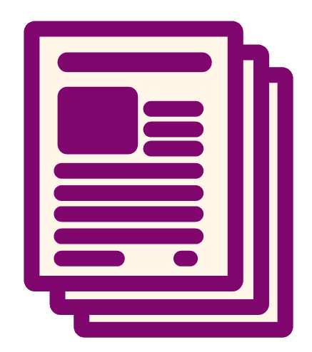 articles and press icon@2x The image is a stylized purple icon of three stacked papers or documents. The papers have a rough depiction of lines indicating text and a rectangle representing an image or graphic on the topmost paper. The background is plain white, emphasizing the purple color of the document icon.