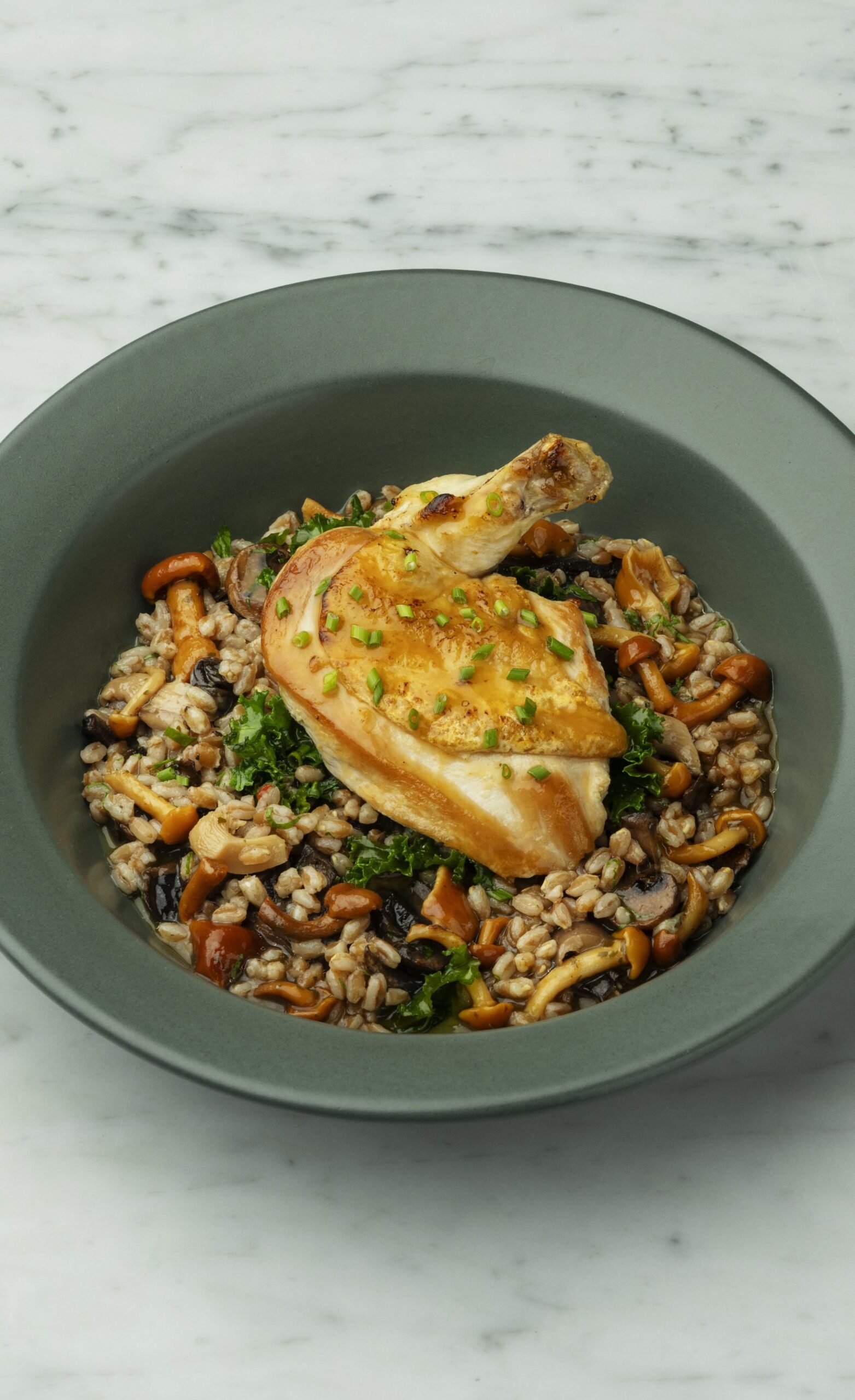 A main course of pan-roasted chicken breast with the bone in, served over a bed of farro or barley mixed with sautéed wild mushrooms and kale, presented in a matte gray-green bowl.