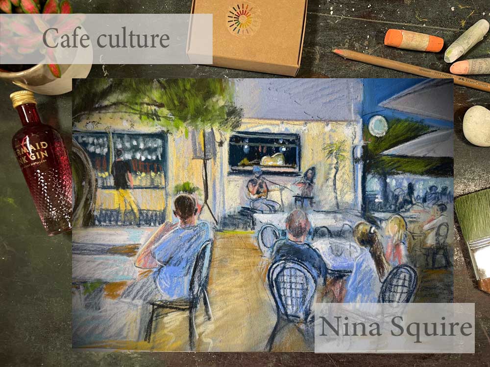 Pastel painting of a cafe scene with people sitting outdoors, by Nina Squire.
