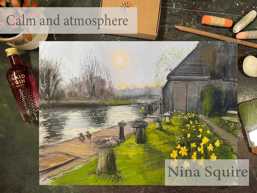 Pastel landscape painting of a river scene with trees and a barn by Nina Squire.