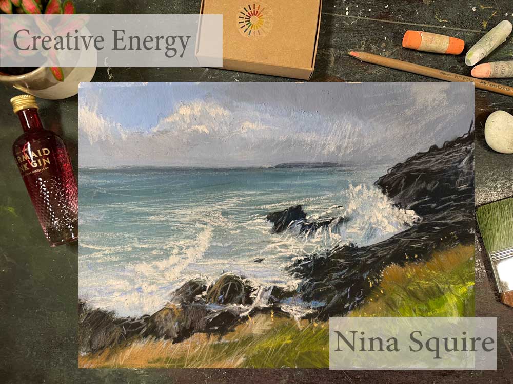 Pastel seascape painting of waves crashing on rocks by Nina Squire.