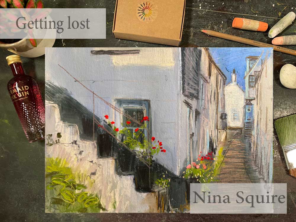 Pastel painting of a narrow street with stairs and flowers by Nina Squire.