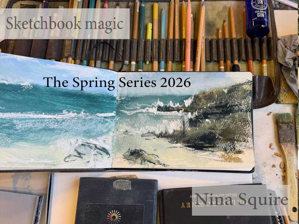 Pastel art supplies and artwork for Nina Squire's spring series 2026.